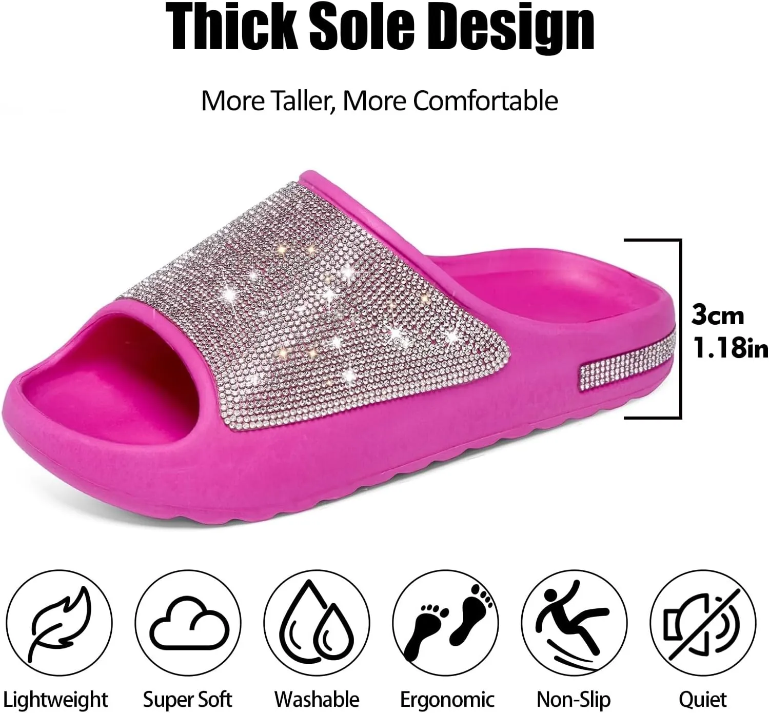Cloud Slides for Women Thick Sole Sandals Quick Drying Shower Shoes EVA Non-Slip Rhinestone Slippers Glitter Crystal
