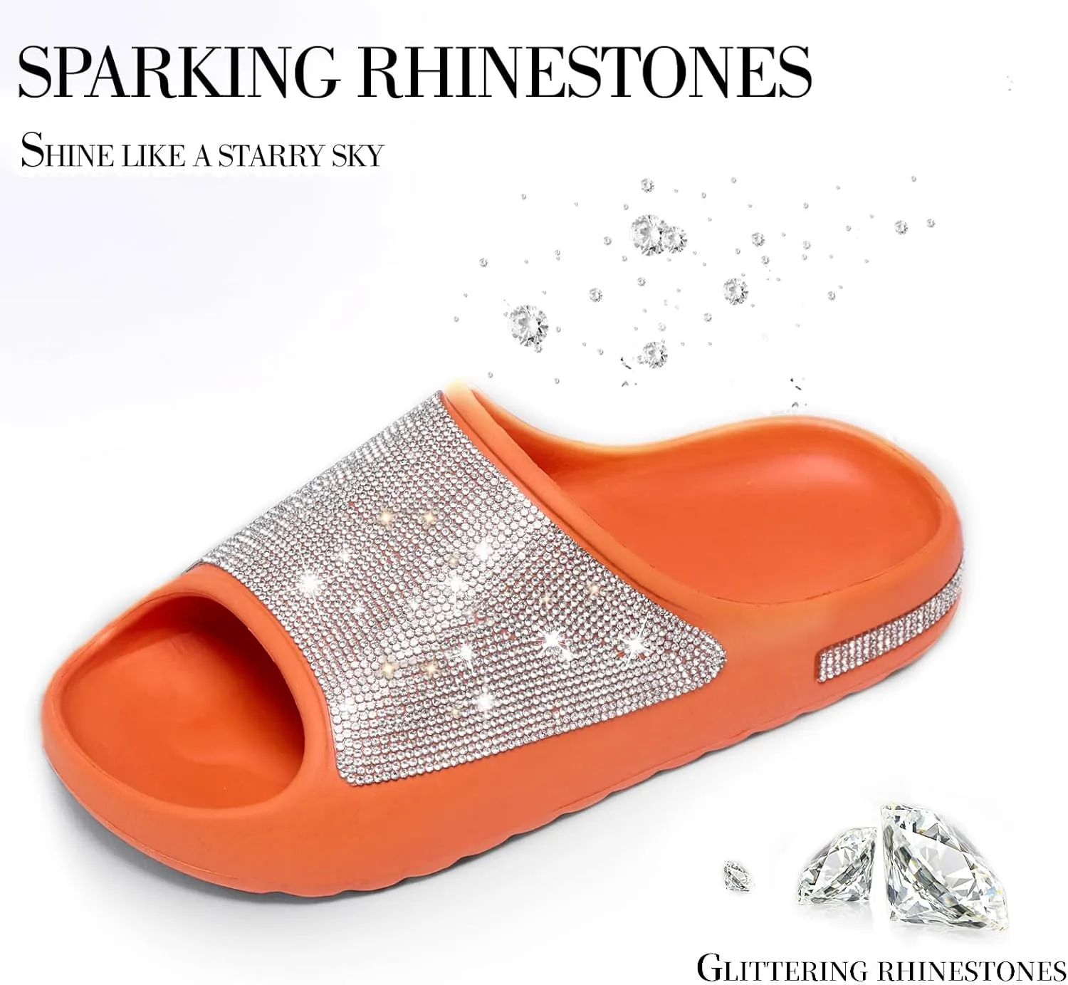 Cloud Slides for Women Thick Sole Sandals Quick Drying Shower Shoes EVA Non-Slip Rhinestone Slippers Glitter Crystal