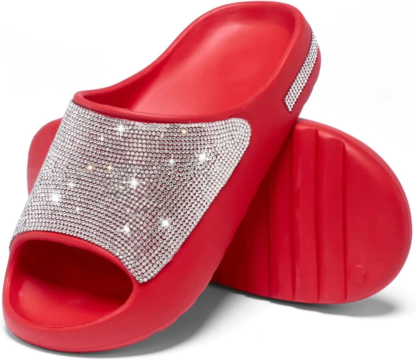 Cloud Slides for Women Thick Sole Sandals Quick Drying Shower Shoes EVA Non-Slip Rhinestone Slippers Glitter Crystal