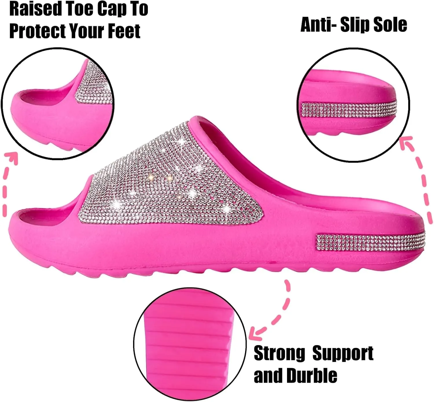 Cloud Slides for Women Thick Sole Sandals Quick Drying Shower Shoes EVA Non-Slip Rhinestone Slippers Glitter Crystal