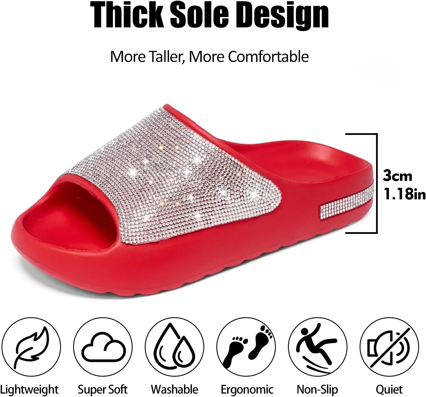 Cloud Slides for Women Thick Sole Sandals Quick Drying Shower Shoes EVA Non-Slip Rhinestone Slippers Glitter Crystal