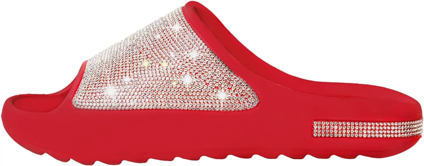 Cloud Slides for Women Thick Sole Sandals Quick Drying Shower Shoes EVA Non-Slip Rhinestone Slippers Glitter Crystal