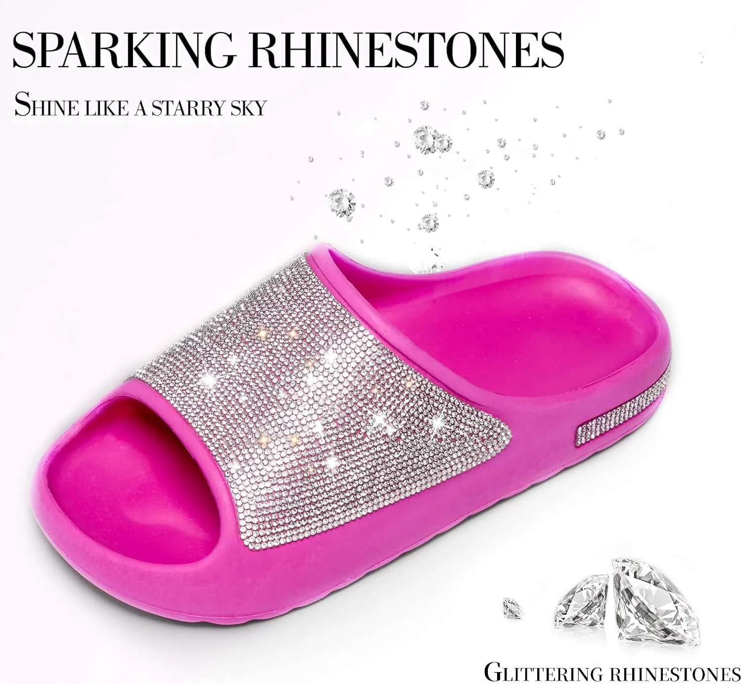 Cloud Slides for Women Thick Sole Sandals Quick Drying Shower Shoes EVA Non-Slip Rhinestone Slippers Glitter Crystal