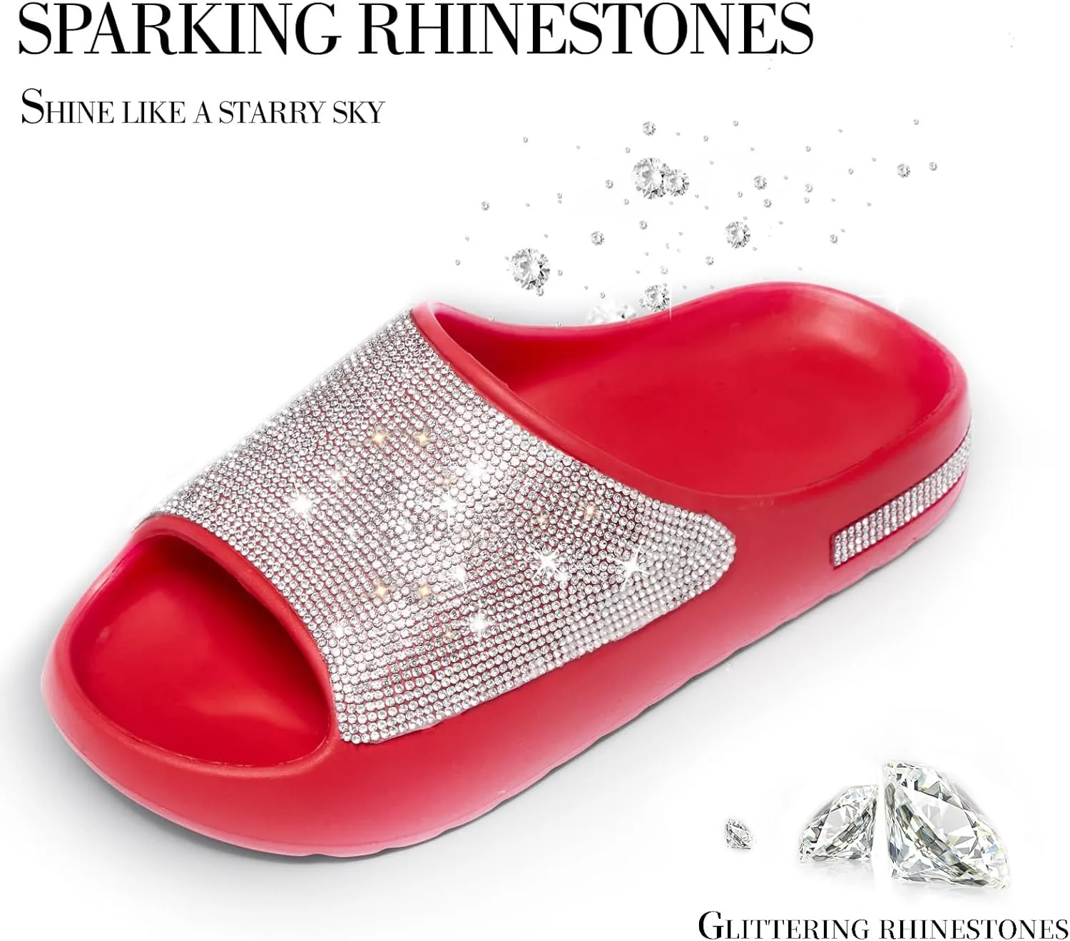 Cloud Slides for Women Thick Sole Sandals Quick Drying Shower Shoes EVA Non-Slip Rhinestone Slippers Glitter Crystal