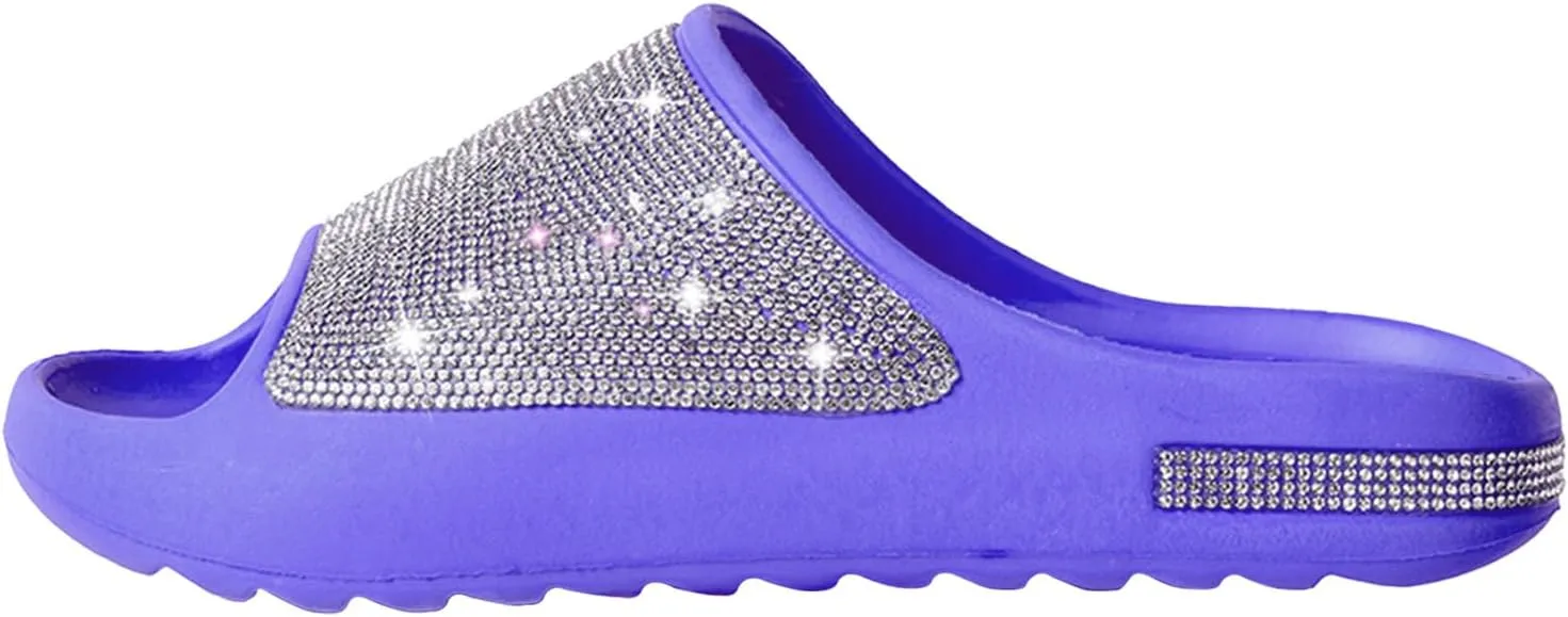 Cloud Slides for Women Thick Sole Sandals Quick Drying Shower Shoes EVA Non-Slip Rhinestone Slippers Glitter Crystal