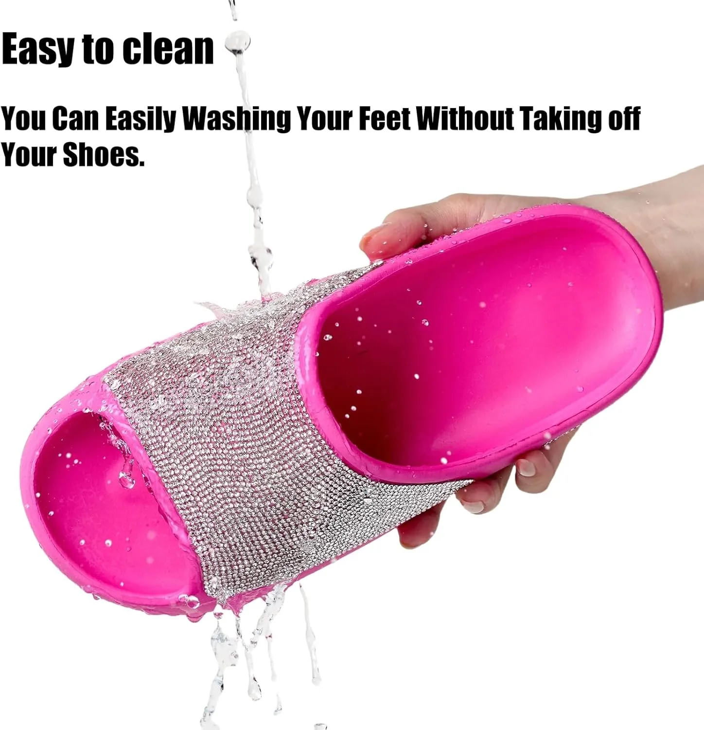 Cloud Slides for Women Thick Sole Sandals Quick Drying Shower Shoes EVA Non-Slip Rhinestone Slippers Glitter Crystal