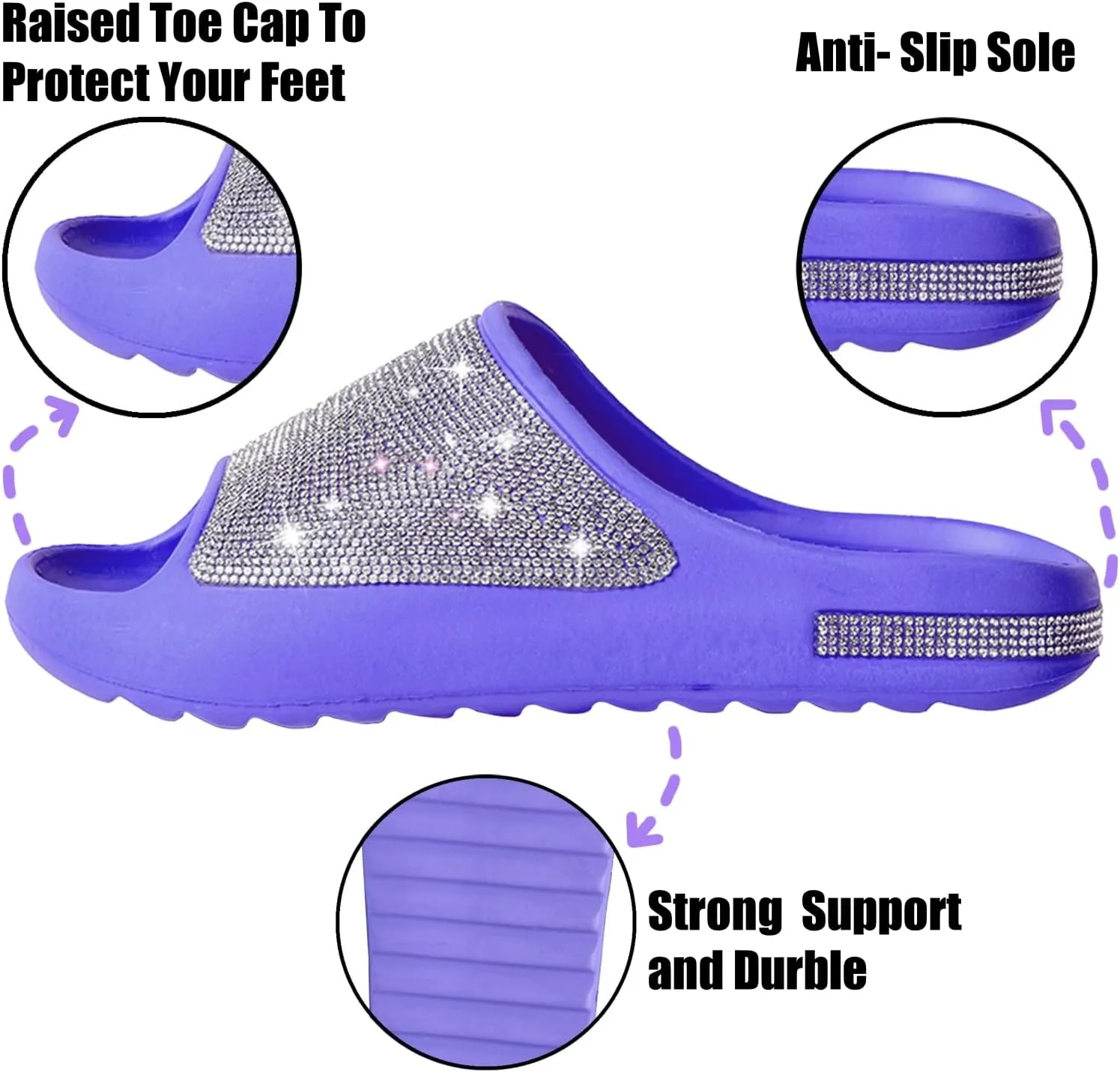 Cloud Slides for Women Thick Sole Sandals Quick Drying Shower Shoes EVA Non-Slip Rhinestone Slippers Glitter Crystal