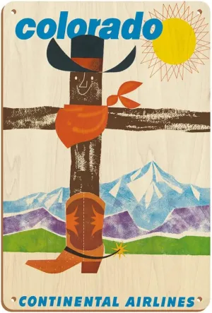 Colorado - Continental Airlines - Cowboy Hat Bandana Boots - Vintage Airline Travel Poster c.1960-8 x 12 inch Vintage Wood Art Sign
