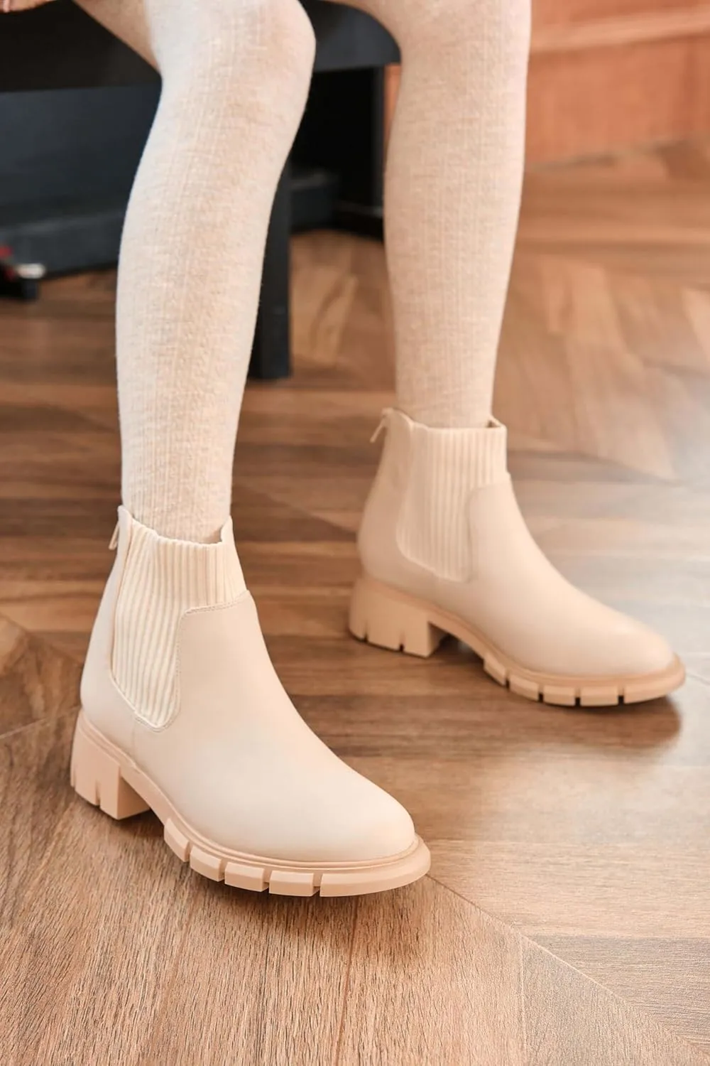 Coutgo Girl Boots Kids Ankle Boots Back Zipper Round Toe Chelsea Platform Elastic Short Booties Snow Boots for Little Kids/Big Kids