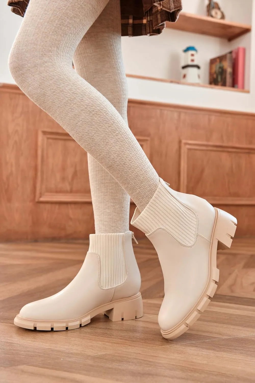 Coutgo Girl Boots Kids Ankle Boots Back Zipper Round Toe Chelsea Platform Elastic Short Booties Snow Boots for Little Kids/Big Kids
