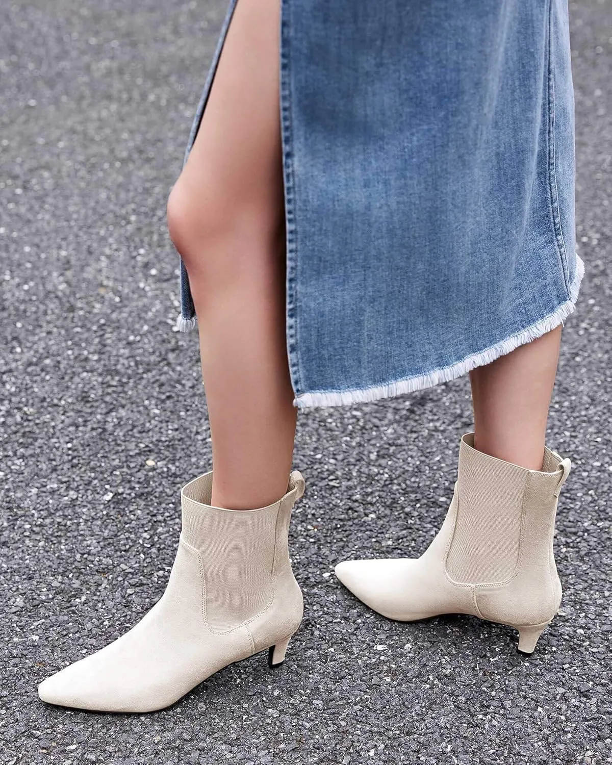 Coutgo Womens Ankle Boots Low Kitten Heel Pointed Toe Slip On Elastic Dressy Fall Winter Booties Shoes