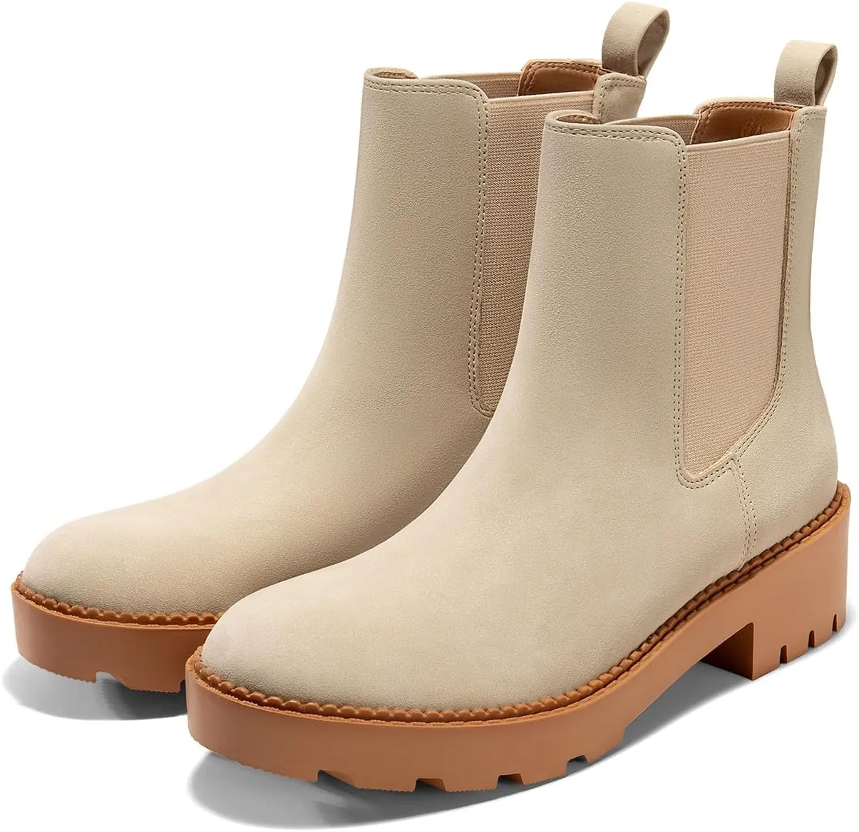 Coutgo Womens Platform Chunky Low Heel Slip on Chelsea Boots Suede Elastic Ankle Boots