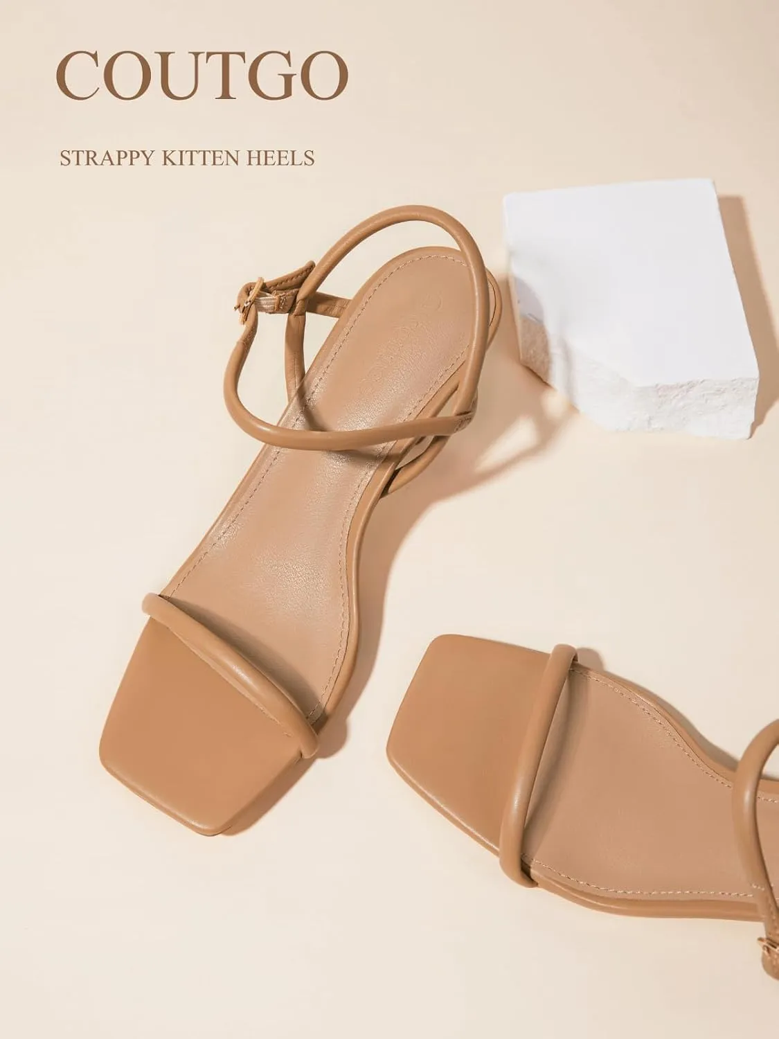 Coutgo Womens Strappy Kitten Heels Open Square Toe Sandals Buckle Ankle Strap Summer Dress Shoes