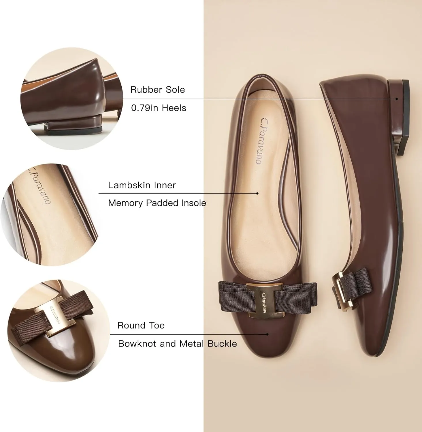 C.Paravano Women's Ballet Flats | Round Toe Bow Accent Shoes with Metallic Buckle | Soft Leather Slip-Ons for Work Commute, Office & Date Nights，Evening Events, Business Travel & Dating