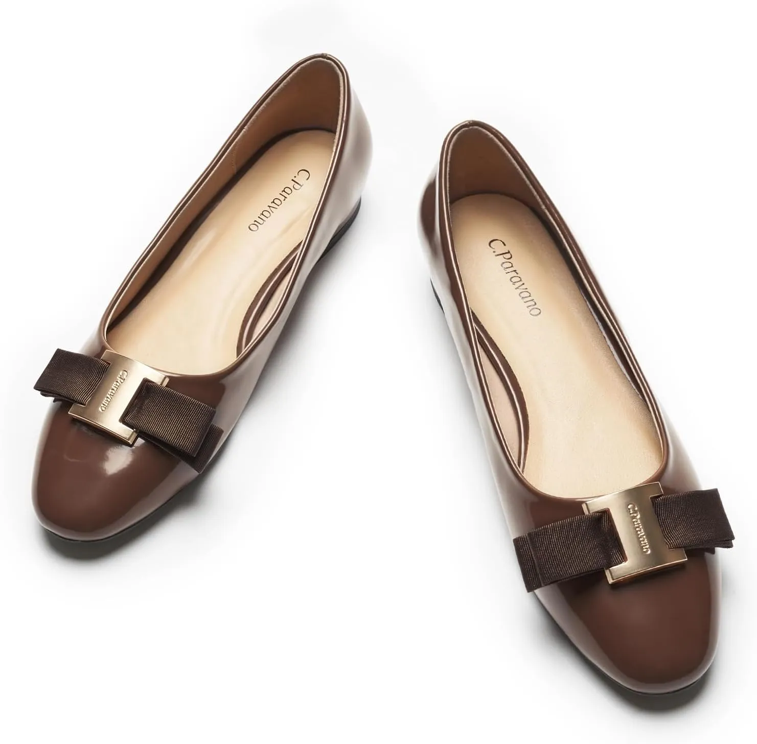 C.Paravano Women's Ballet Flats | Round Toe Bow Accent Shoes with Metallic Buckle | Soft Leather Slip-Ons for Work Commute, Office & Date Nights，Evening Events, Business Travel & Dating