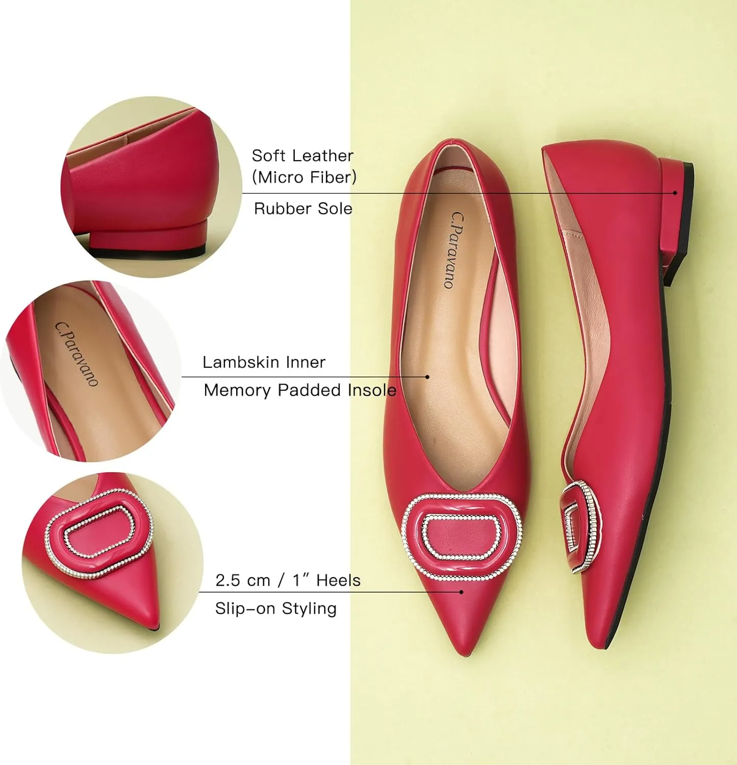 C.Paravano Women's Flats Pointed Toe Flats for Women Designer Ballet Flats Leather Flats Shoes for Women Dressy Casual Work Office Party Shoes
