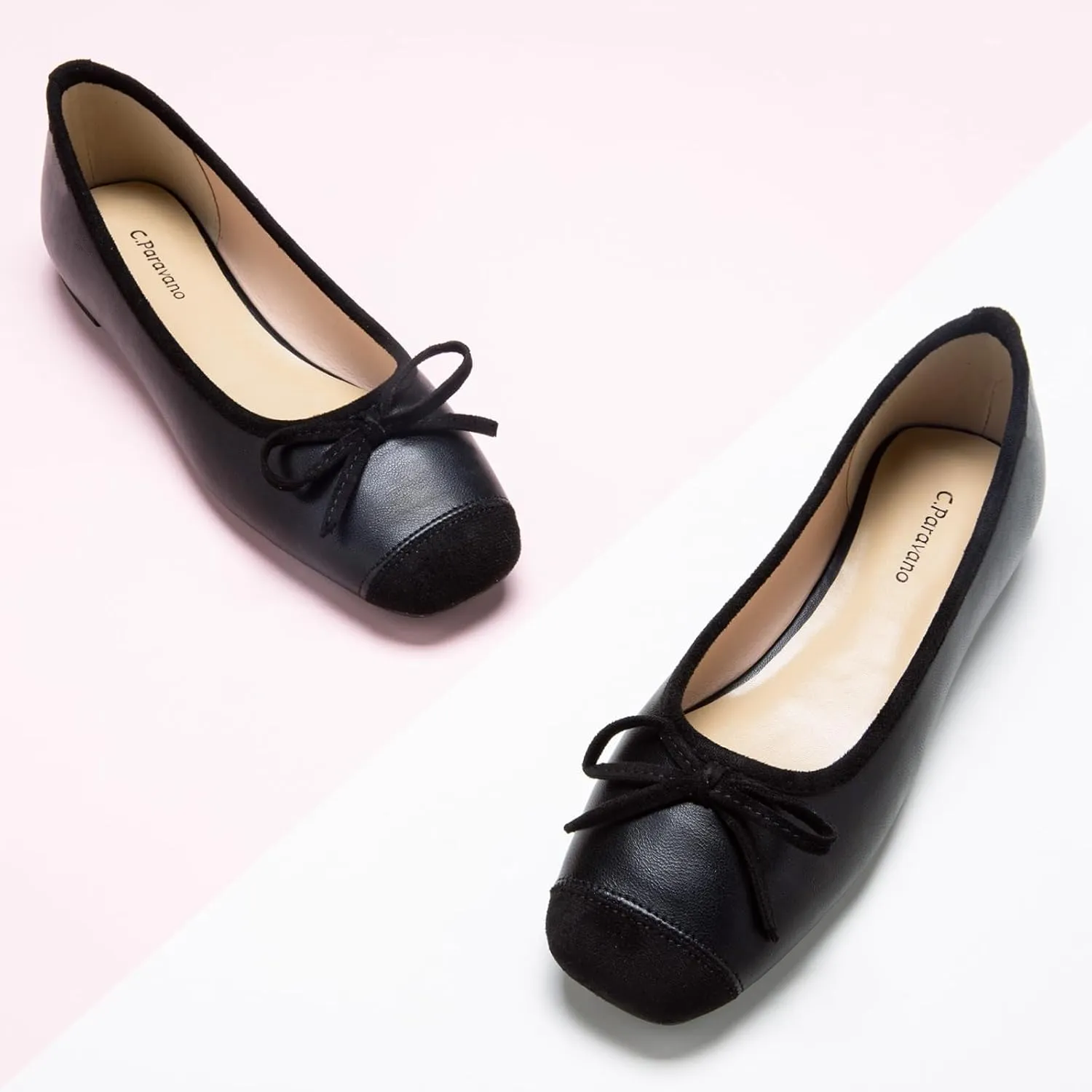 C.Paravano Women's Flats with Bowknot | Casual Slip On Dress Shoes | Comfortable Square Toe Shoes | Women Ballet Flats for Wedding Work Office Business