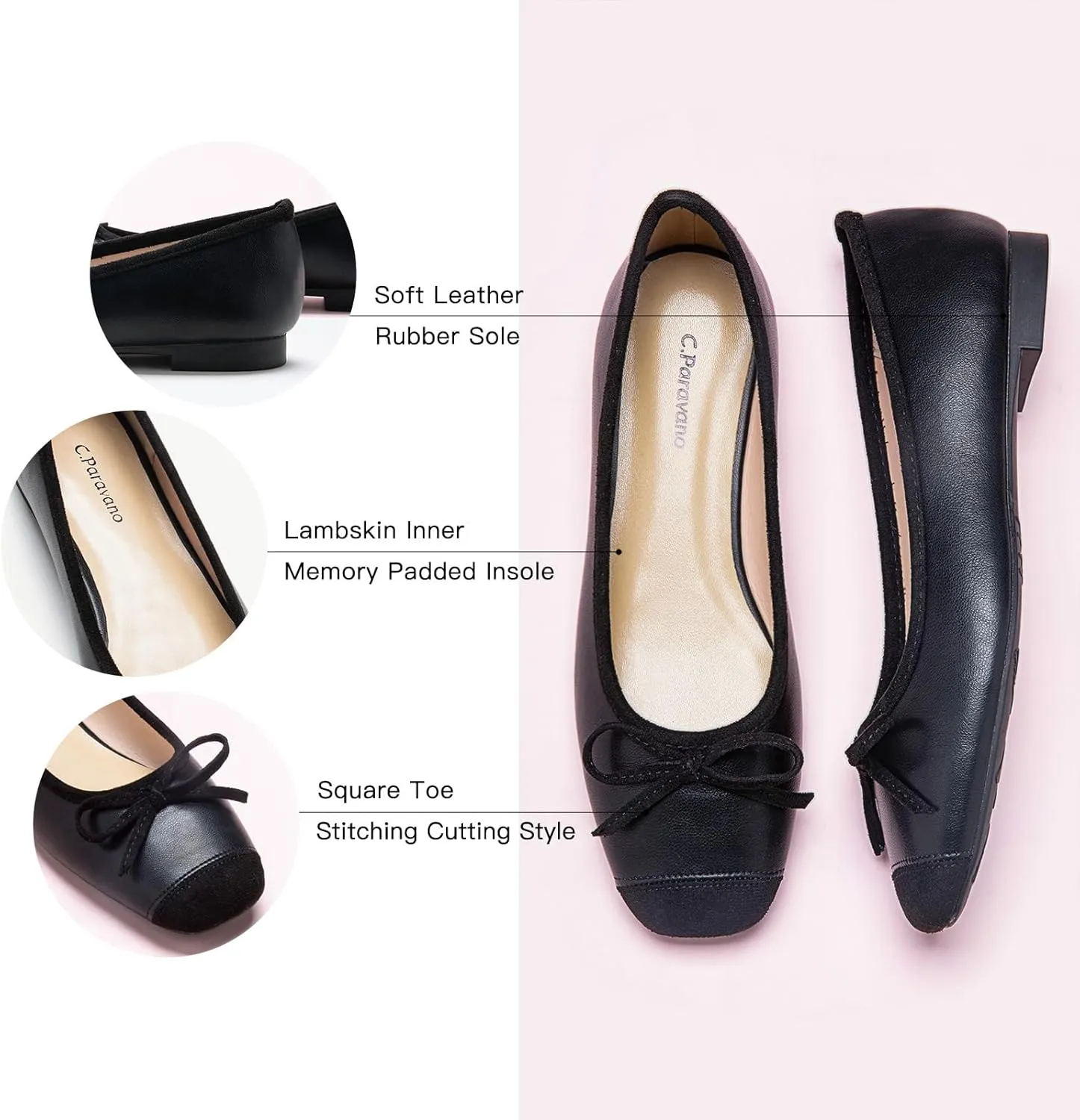 C.Paravano Women's Flats with Bowknot | Casual Slip On Dress Shoes | Comfortable Square Toe Shoes | Women Ballet Flats for Wedding Work Office Business