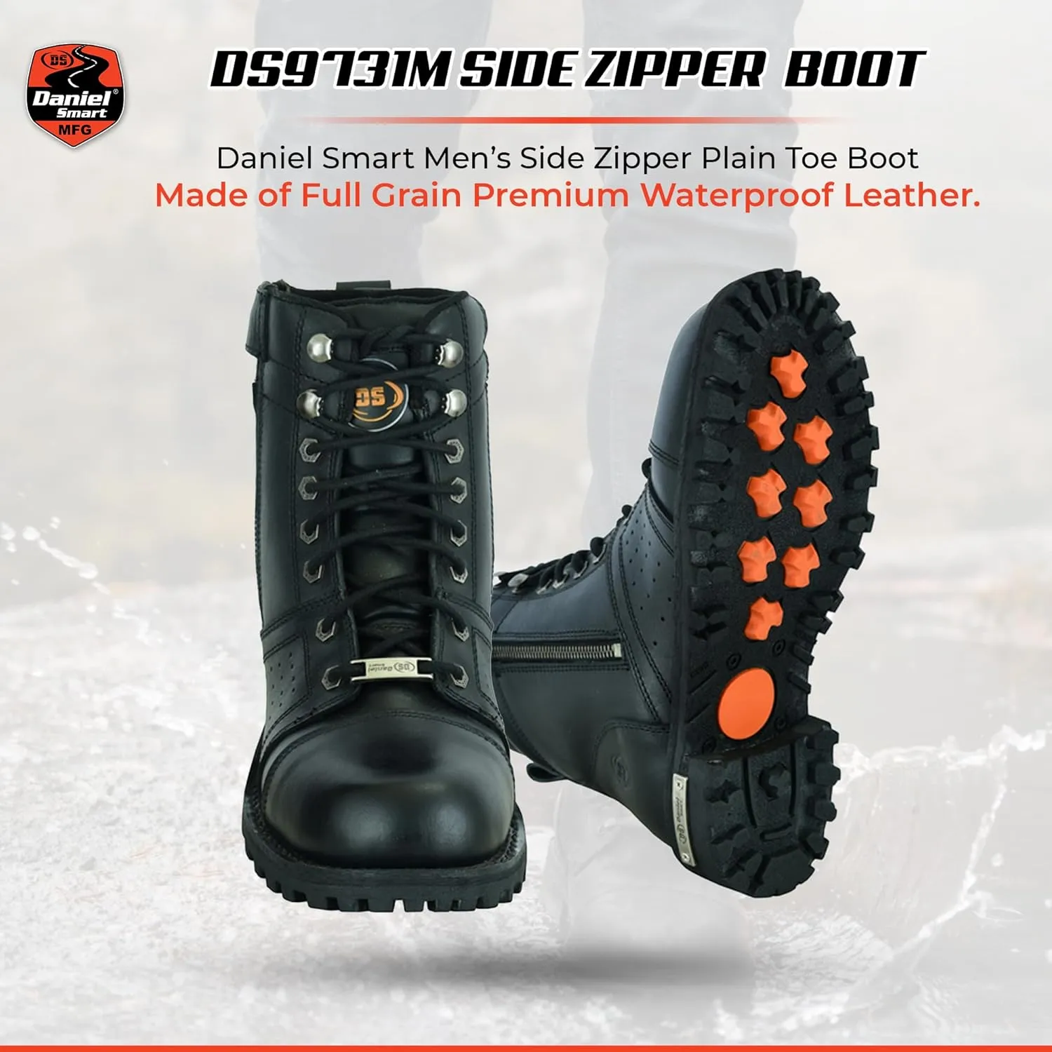 Daniel Smart Men’s Motorcycle Leather Shoes – Full Grain Waterproof Boots with Lace-up Closure & Non Skid Outsole