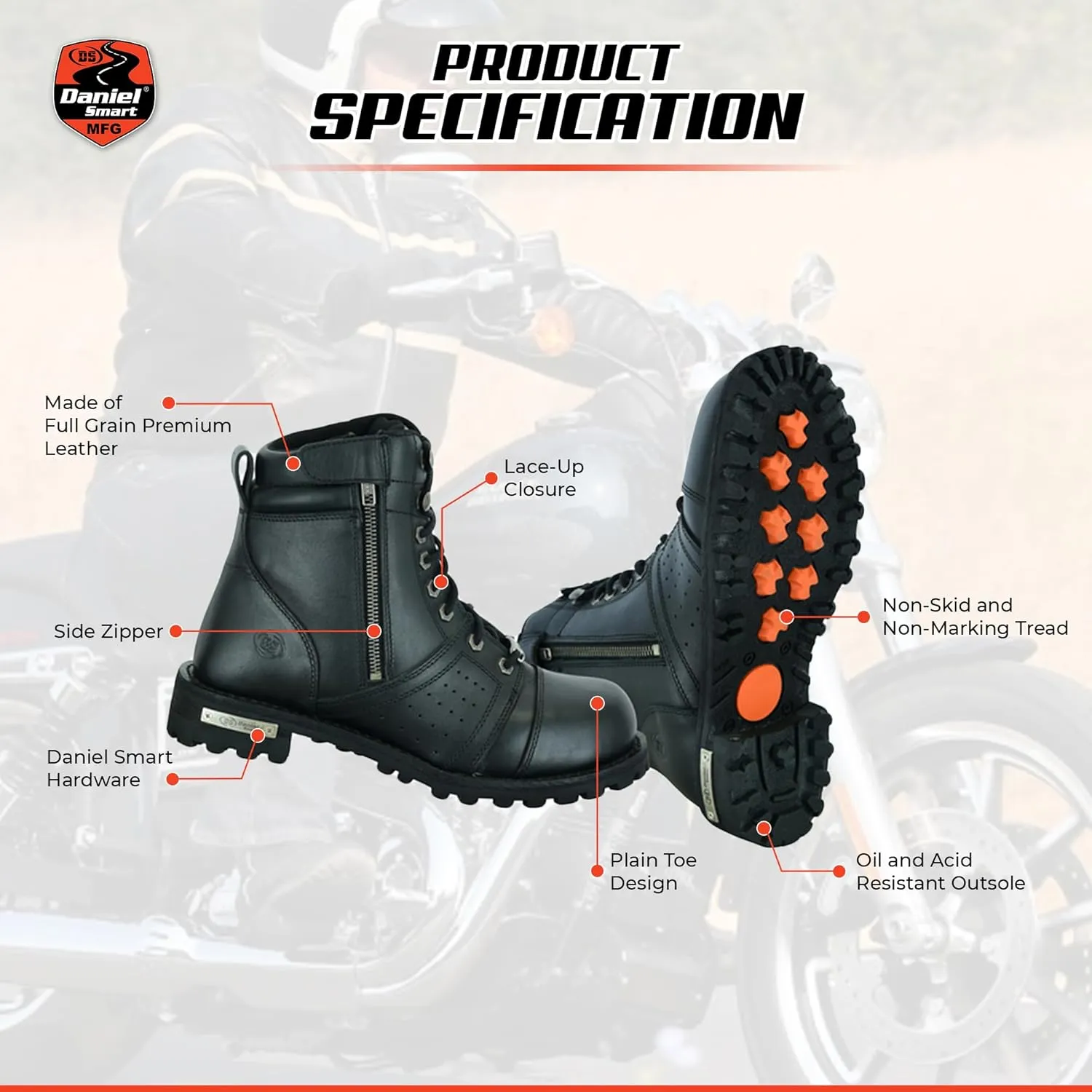 Daniel Smart Men’s Motorcycle Leather Shoes – Full Grain Waterproof Boots with Lace-up Closure & Non Skid Outsole
