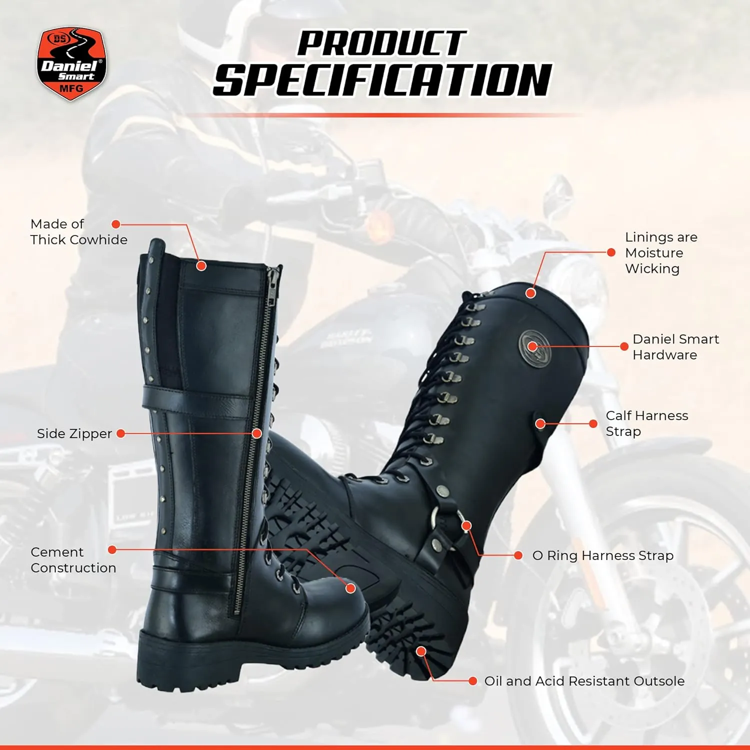 Daniel Smart Women’s Motorcycle Boots Full Grain Cowhide Leather Waterproof Shoes with Cement Construction & Non-Skid Outsole
