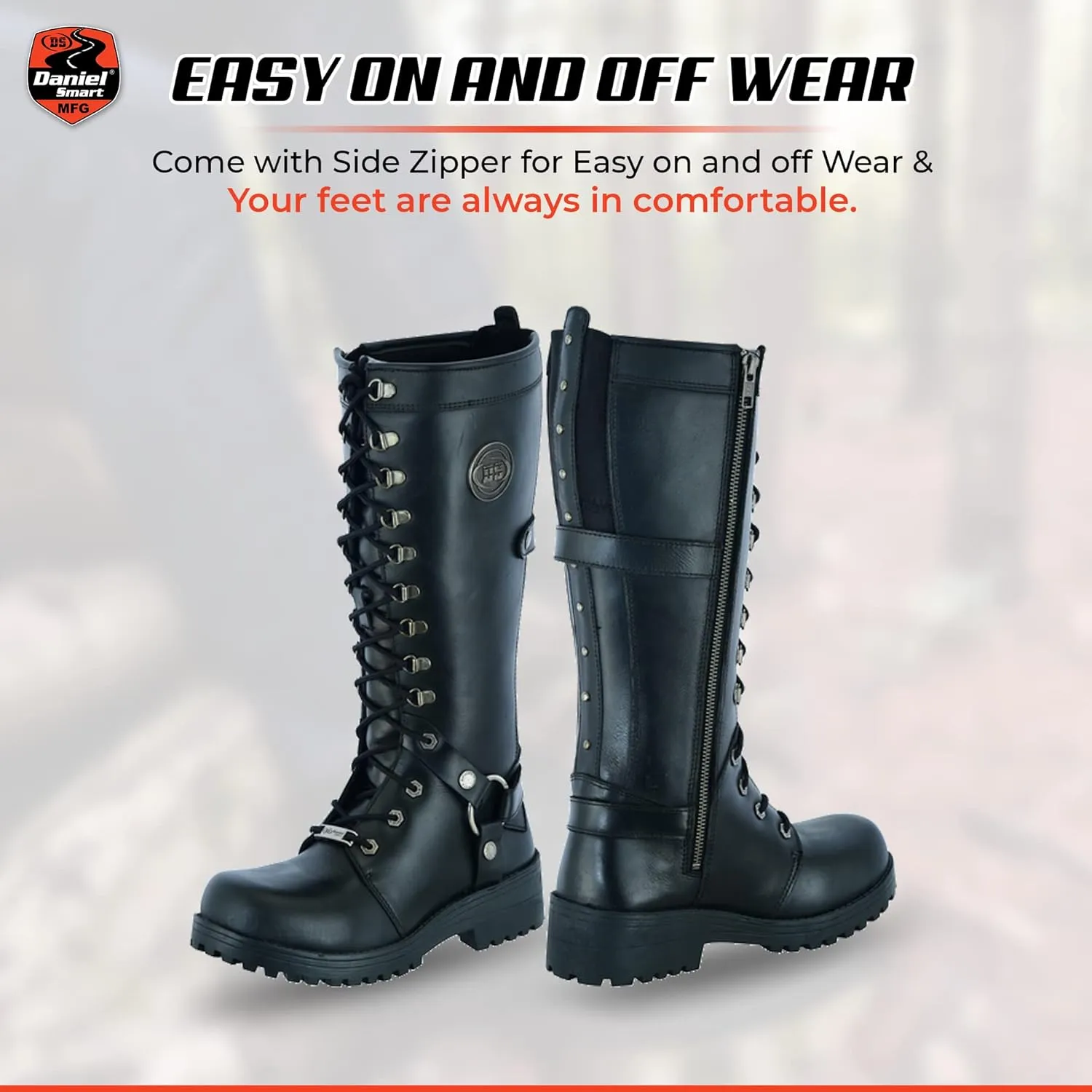 Daniel Smart Women’s Motorcycle Boots Full Grain Cowhide Leather Waterproof Shoes with Cement Construction & Non-Skid Outsole