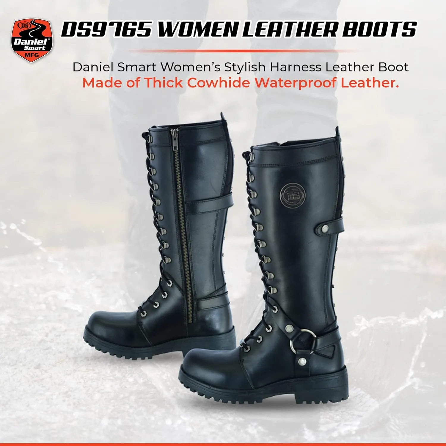 Daniel Smart Women’s Motorcycle Boots Full Grain Cowhide Leather Waterproof Shoes with Cement Construction & Non-Skid Outsole