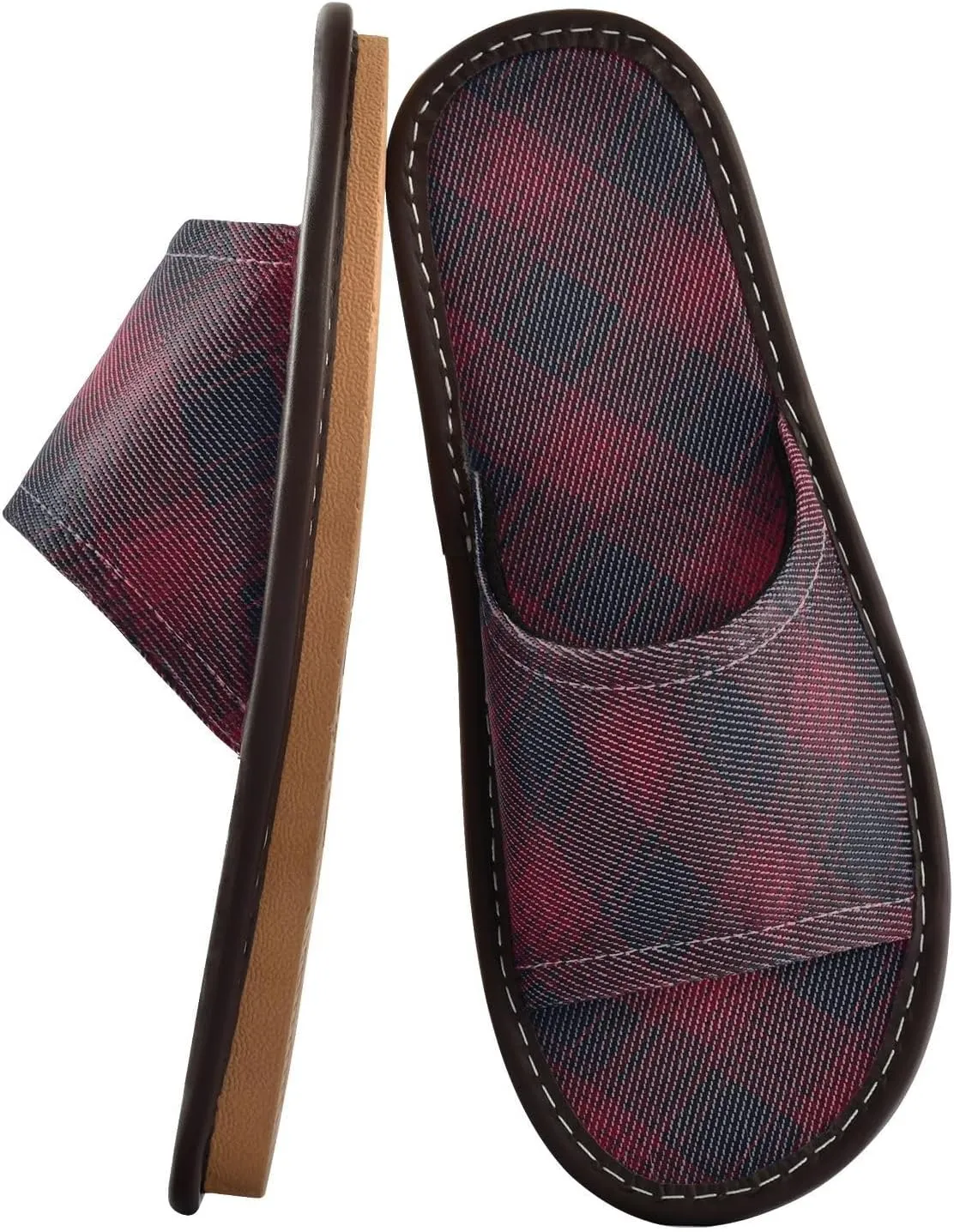 Dark Red Plaid Mens Bathroom Slippers Summer Beach Sandals for Travel Hotel Outdoor