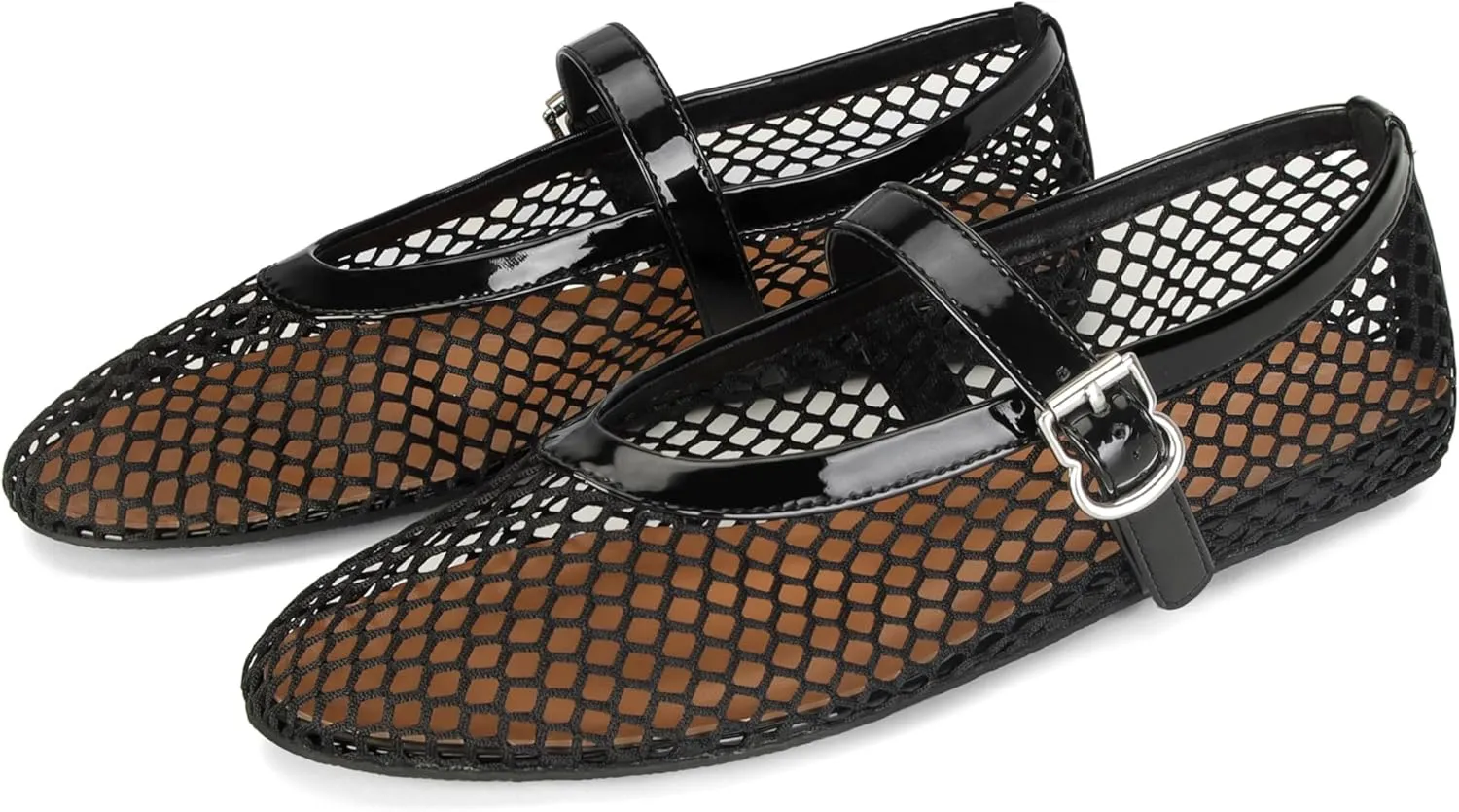 DOEYG Black Mesh Ballet Flats for Women Round Toe Mesh Ballerina Shoes Fishnet Flats Dressy Buckle Mary Jane Flats Comfortable Casual Summer Sandals