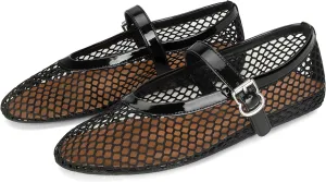 DOEYG Black Mesh Ballet Flats for Women Round Toe Mesh Ballerina Shoes Fishnet Flats Dressy Buckle Mary Jane Flats Comfortable Casual Summer Sandals