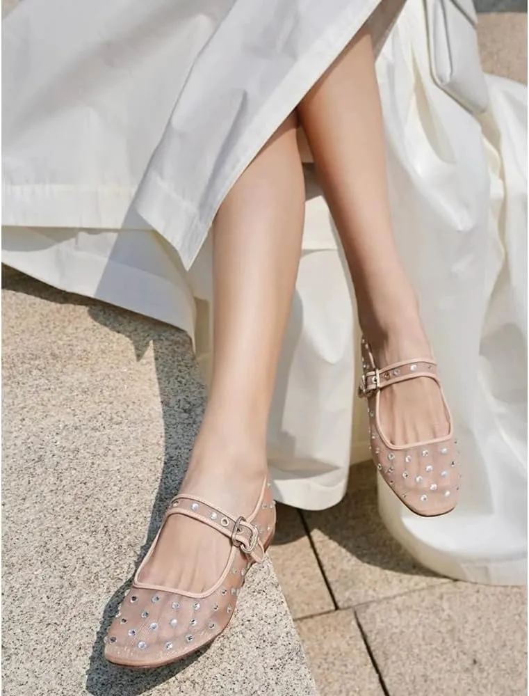 DOEYG Mesh Ballet Flats Shoes for Women Leopard Animal Print Mary Jane Flats Shoes Square Toe Dress Casual Comfortable Velvet Ballerina Shoes