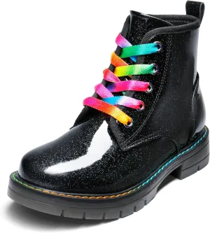 DREAM PAIRS Girls Boys Glitter Ankle Boots Side Zipper Combat Shoes with Lace Up for Toddler/Little Kid/Big Kid