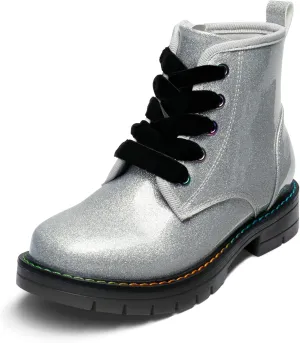 DREAM PAIRS Girls Boys Glitter Ankle Boots Side Zipper Combat Shoes with Lace Up for Toddler/Little Kid/Big Kid