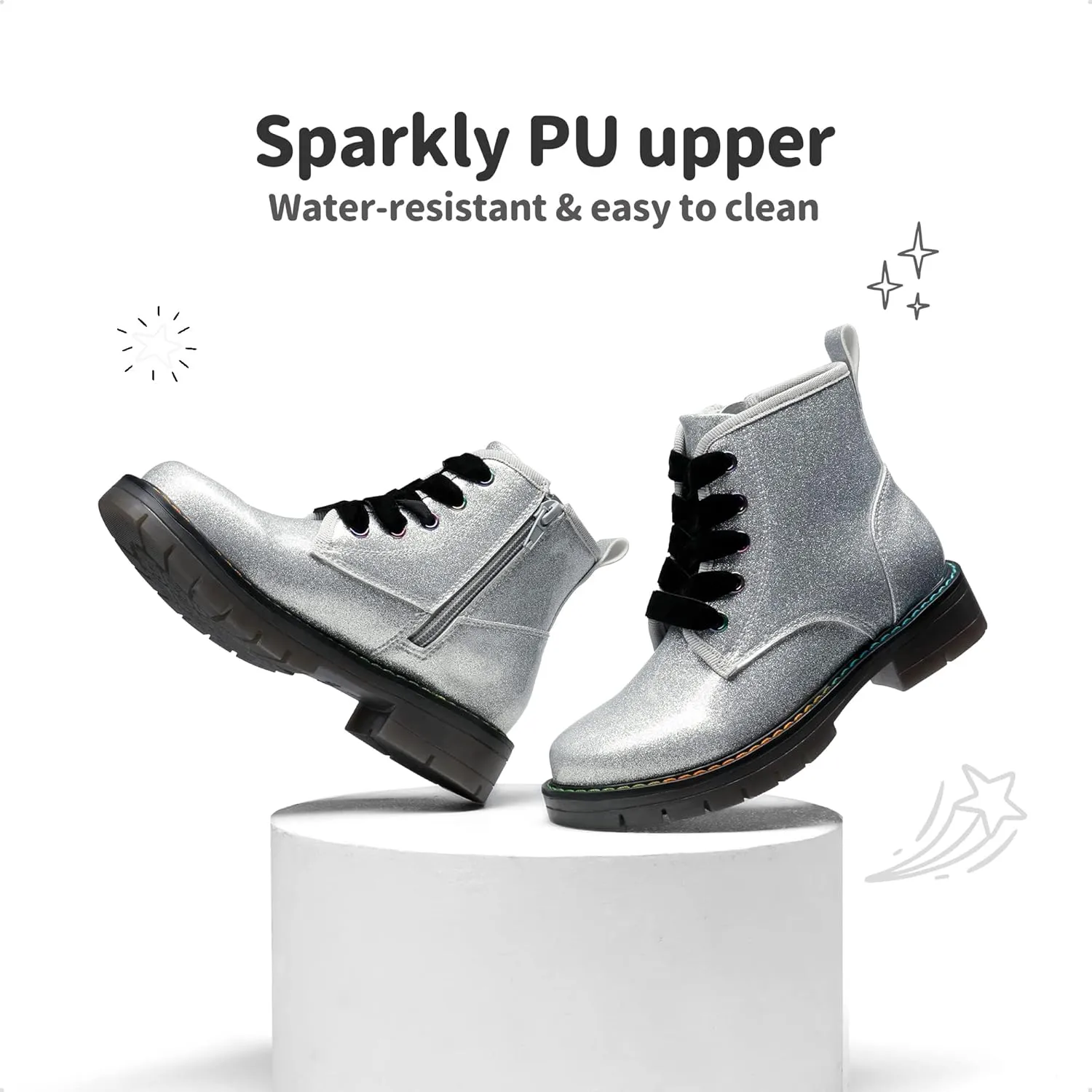 DREAM PAIRS Girls Boys Glitter Ankle Boots Side Zipper Combat Shoes with Lace Up for Toddler/Little Kid/Big Kid