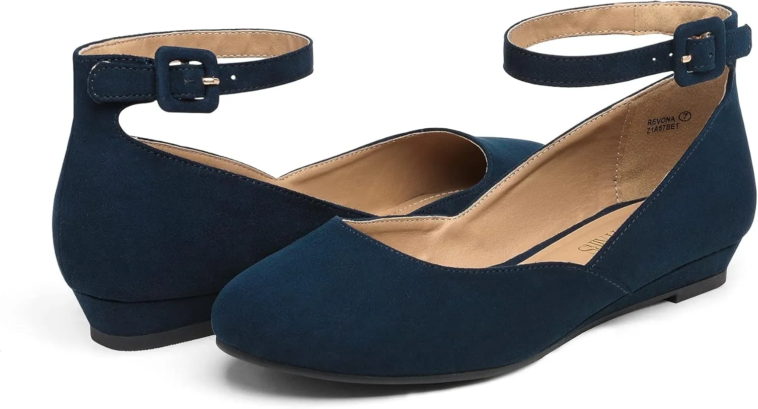 DREAM PAIRS Women's Dress Flats Ballet Low Wedge Round Toe Ankle Strap Comfortable Casual Flats Shoes