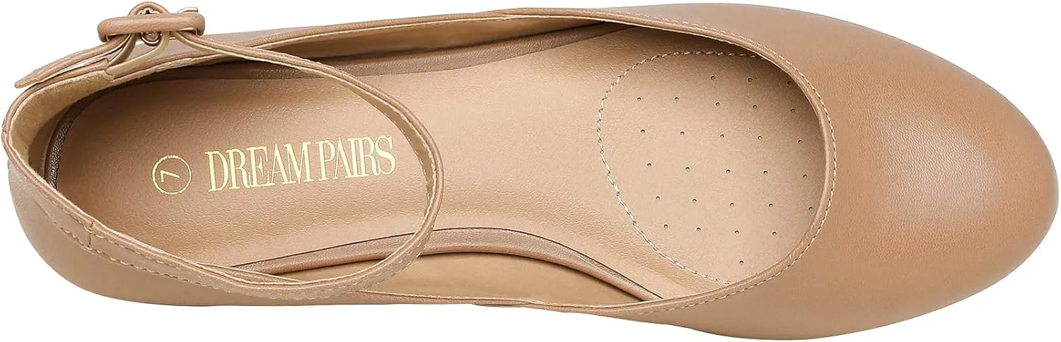 DREAM PAIRS Women's Dress Flats Ballet Low Wedge Round Toe Ankle Strap Comfortable Casual Flats Shoes
