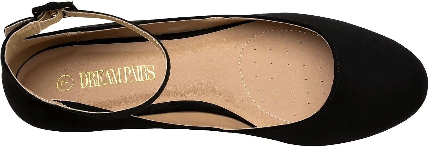 DREAM PAIRS Women's Dress Flats Ballet Low Wedge Round Toe Ankle Strap Comfortable Casual Flats Shoes