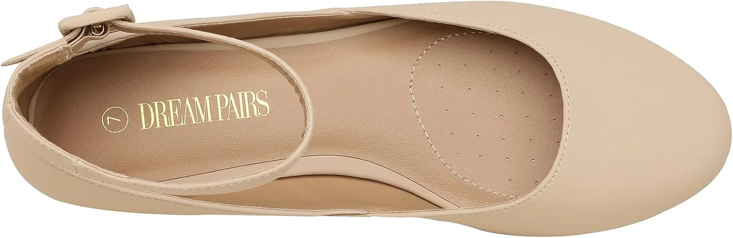 DREAM PAIRS Women's Dress Flats Ballet Low Wedge Round Toe Ankle Strap Comfortable Casual Flats Shoes