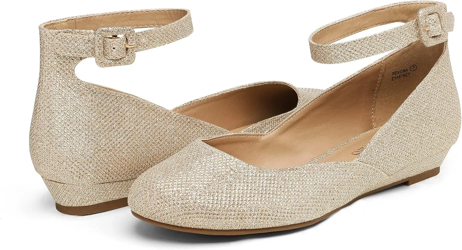 DREAM PAIRS Women's Dress Flats Ballet Low Wedge Round Toe Ankle Strap Comfortable Casual Flats Shoes