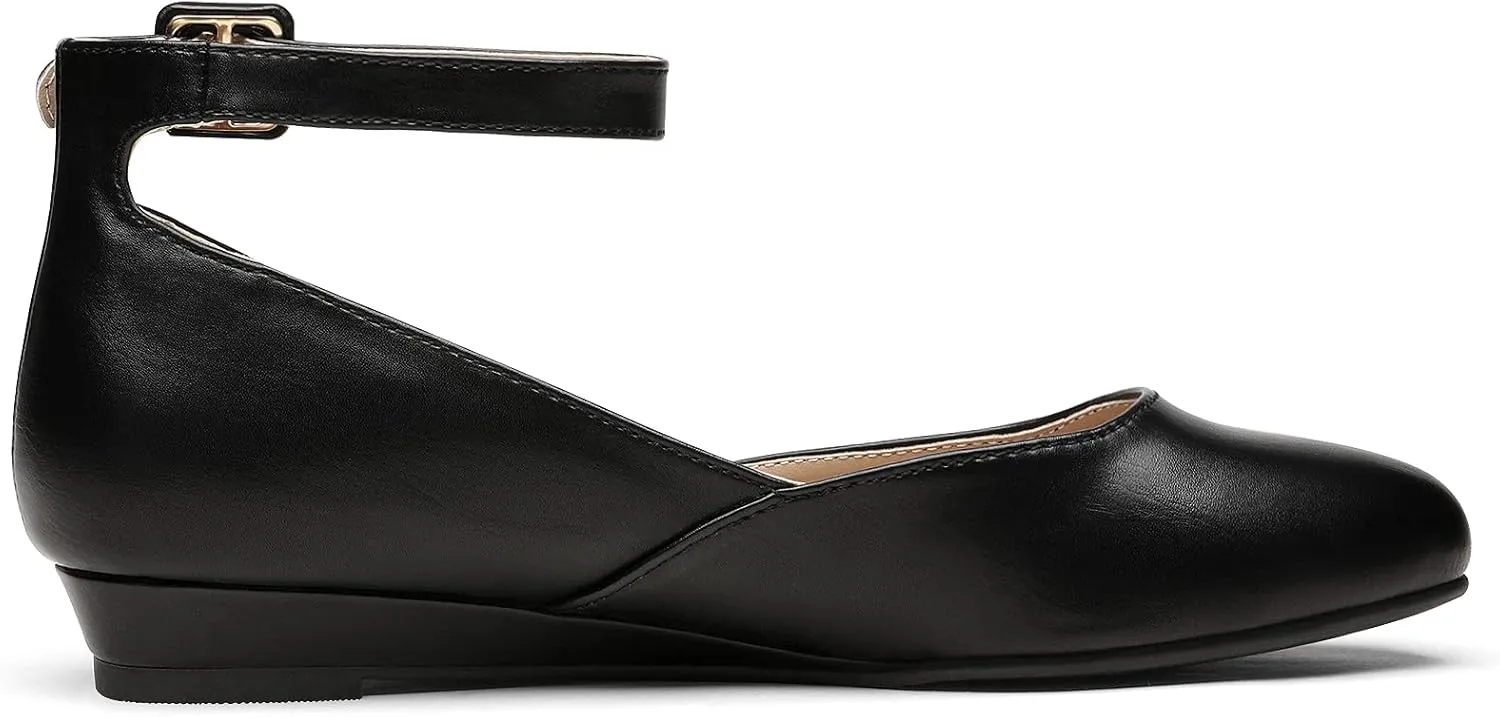 DREAM PAIRS Women's Dress Flats Ballet Low Wedge Round Toe Ankle Strap Comfortable Casual Flats Shoes