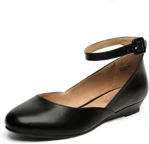 DREAM PAIRS Women's Dress Flats Ballet Low Wedge Round Toe Ankle Strap Comfortable Casual Flats Shoes
