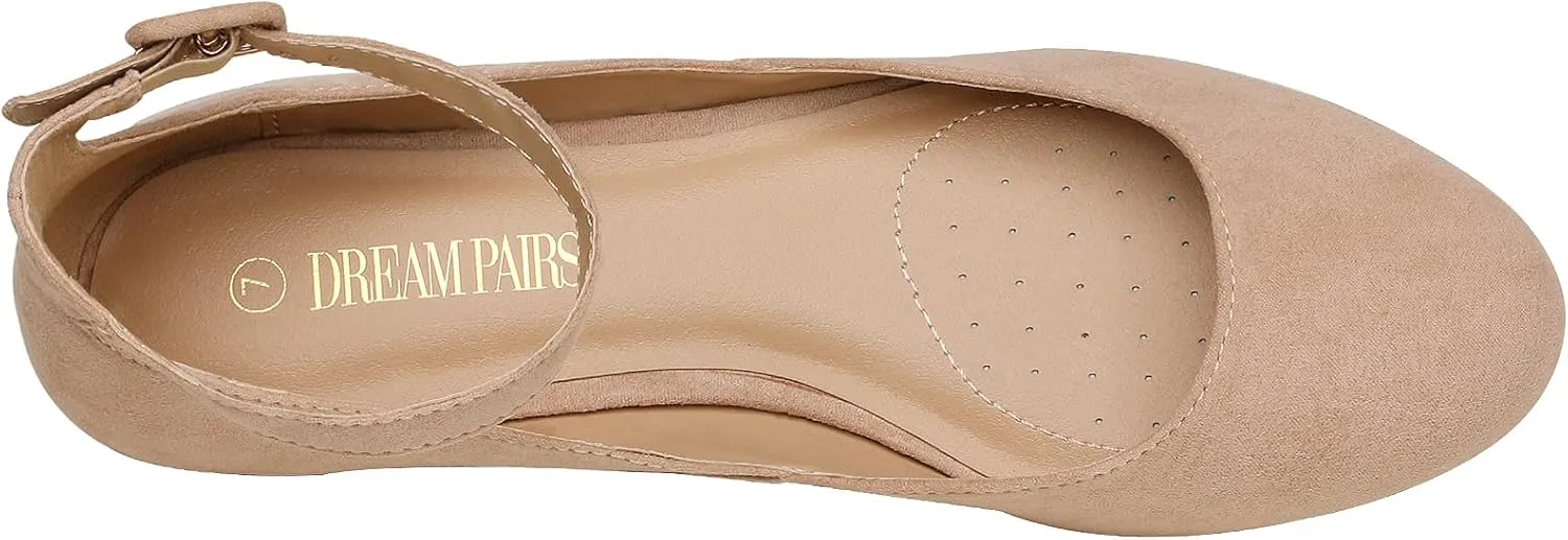 DREAM PAIRS Women's Dress Flats Ballet Low Wedge Round Toe Ankle Strap Comfortable Casual Flats Shoes