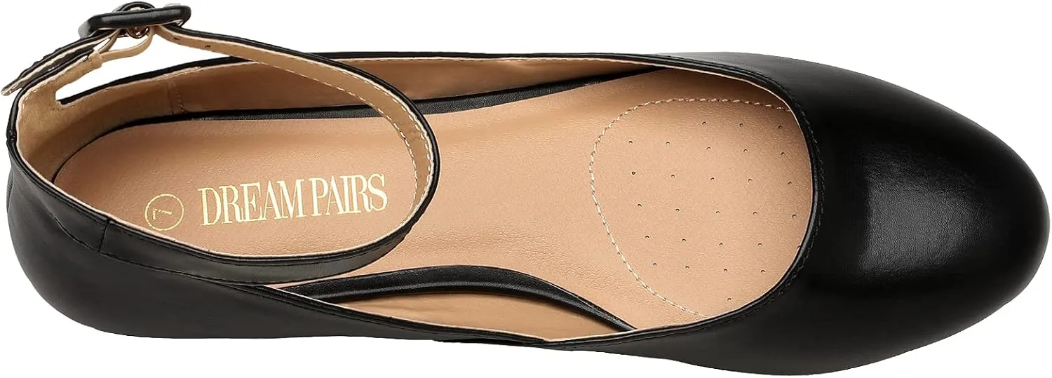 DREAM PAIRS Women's Dress Flats Ballet Low Wedge Round Toe Ankle Strap Comfortable Casual Flats Shoes