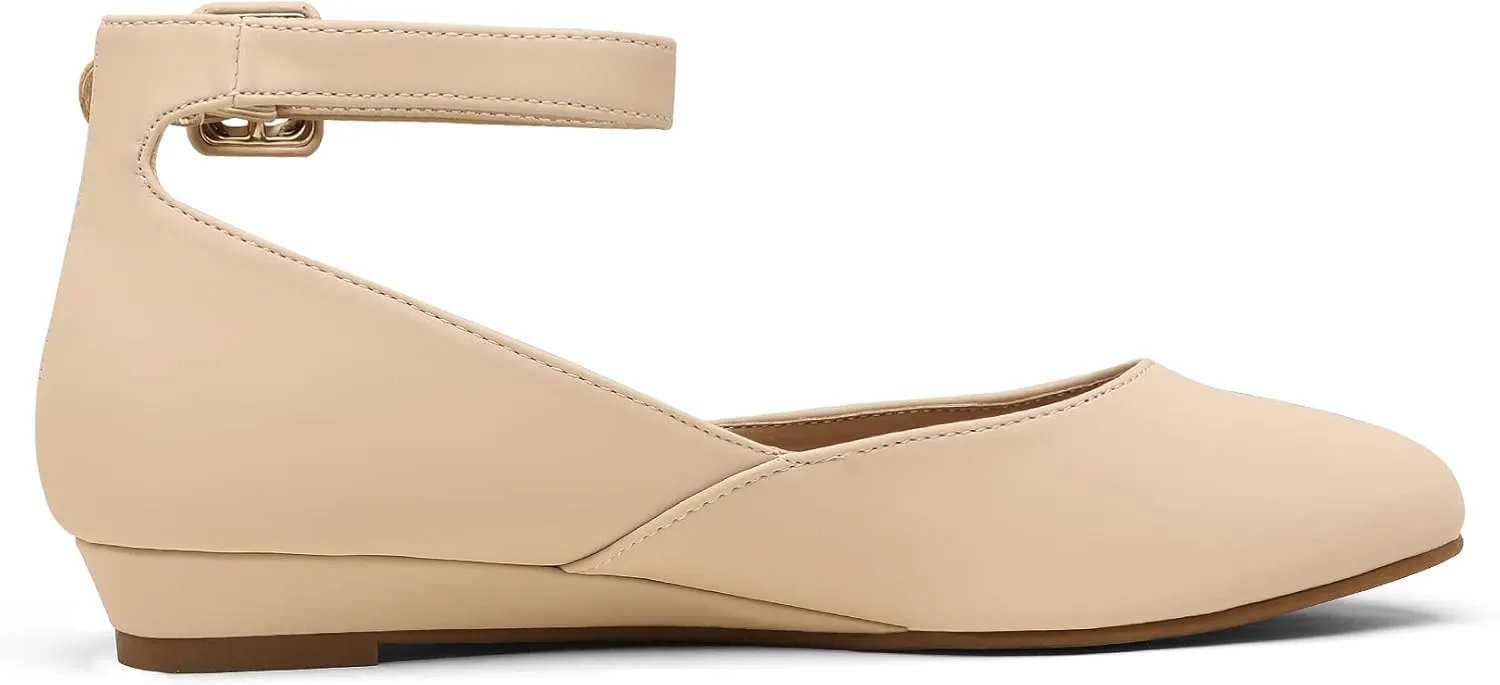 DREAM PAIRS Women's Dress Flats Ballet Low Wedge Round Toe Ankle Strap Comfortable Casual Flats Shoes