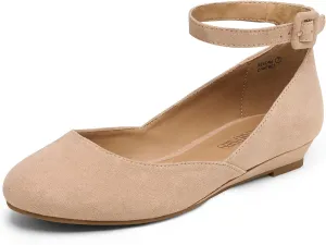 DREAM PAIRS Women's Dress Flats Ballet Low Wedge Round Toe Ankle Strap Comfortable Casual Flats Shoes