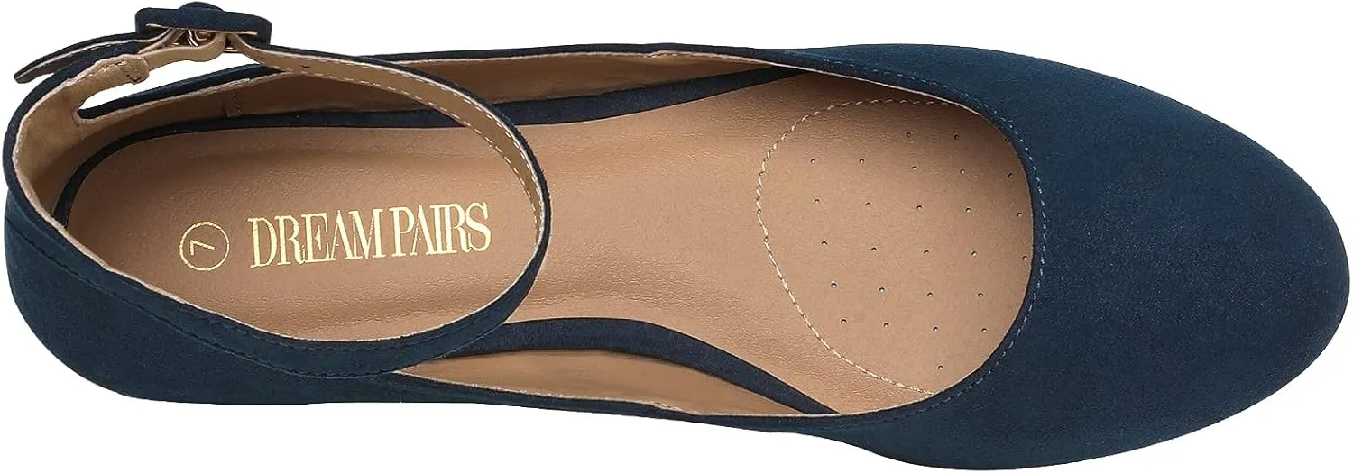 DREAM PAIRS Women's Dress Flats Ballet Low Wedge Round Toe Ankle Strap Comfortable Casual Flats Shoes