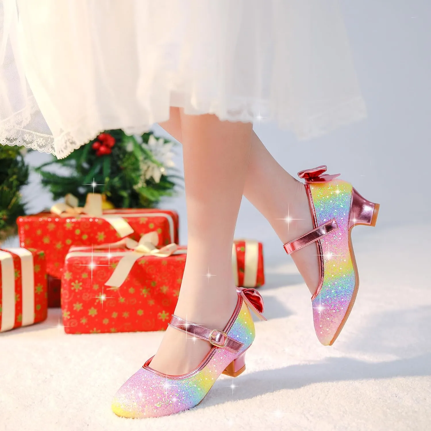 Dufannie Girls Dress Shoes Low Heel Princess Flats Mary Jane Flower Wedding Party Glitter Shoes for Kids Toddler
