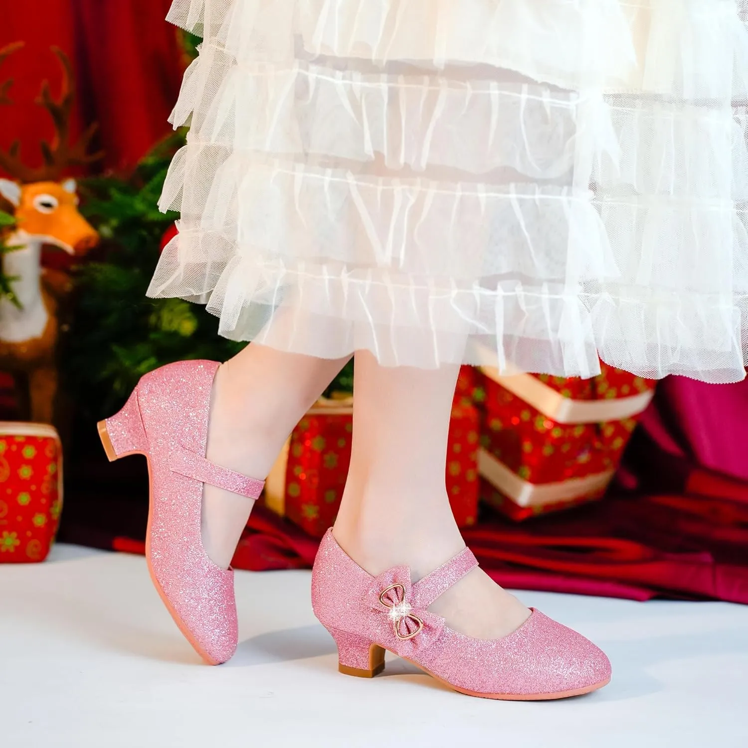 Dufannie Girls Dress Shoes Low Heel Princess Flats Mary Jane Flower Wedding Party Glitter Shoes for Kids Toddler