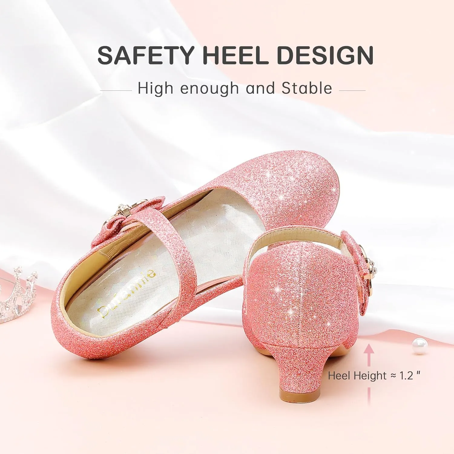 Dufannie Girls Dress Shoes Low Heel Princess Flats Mary Jane Flower Wedding Party Glitter Shoes for Kids Toddler