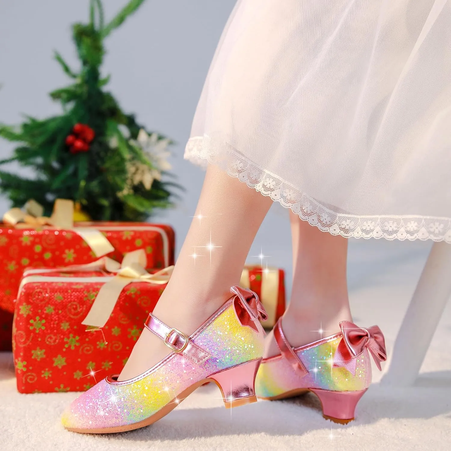 Dufannie Girls Dress Shoes Low Heel Princess Flats Mary Jane Flower Wedding Party Glitter Shoes for Kids Toddler